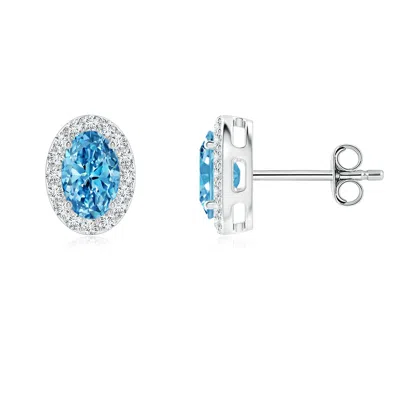 Angara Oval Lab-grown Fancy Intense Blue Diamond Studs With Halo In White Gold/fancy Intense