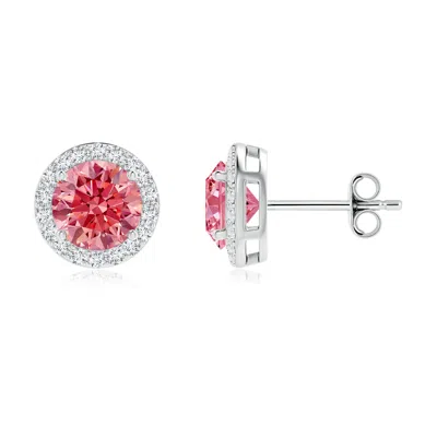 Angara Vintage-inspired Round Lab-grown Fancy Intense Pink Diamond Halo Stud Earrings In White Gold/fancy Intense