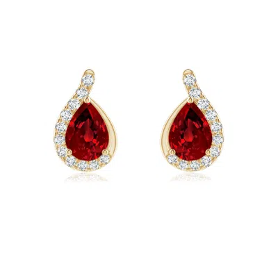 Angara Lab-grown Pear Ruby Earrings With Lab Diamond Swirl Frame In Yellow Gold/deep Rich Red