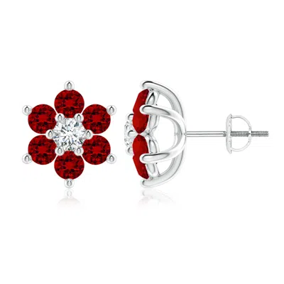 Angara Lab-grown Six Petal Ruby And Lab Diamond Flower Stud Earrings In White Gold/deep Rich Red