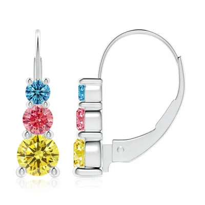 Angara Round Lab-grown Fancy Intense Multi-color Diamond Three Stone Leverback Earrings In White Gold/fancy Intense