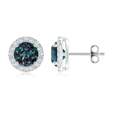 Angara Prong-set Lab-grown Alexandrite And Diamond Halo Stud Earrings In White Gold/bluish Green Changing To Brownish Or Pinkish Purple