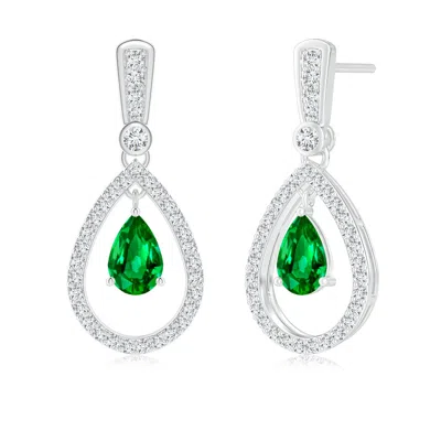 Angara Lab-grown Floating Emerald And Diamond Halo Teardrop Earrings In White Gold/rich Green