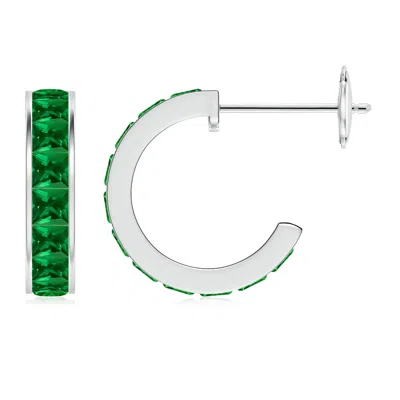 Angara Lab-grown Channel-set Square Emerald Huggie Hoop Earrings In White Gold/rich Green