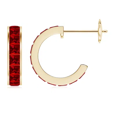 Angara Lab-grown Channel-set Square Ruby Huggie Hoop Earrings In Yellow Gold/deep Rich Red
