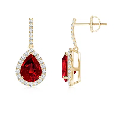 Angara Lab-grown Pear-shaped Ruby Halo Dangle Earrings In Yellow Gold/deep Rich Red