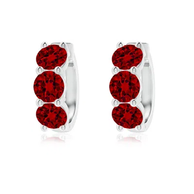 Angara Round Lab-grown Ruby Three Stone Hoop Earrings In White Gold/deep Rich Red