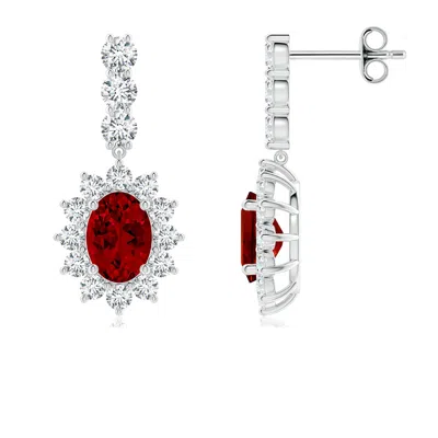 Angara Oval Lab-grown Ruby Floral Halo Dangle Earrings In Metallic
