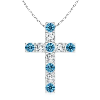 Angara Flat Prong-set Fancy Intense Blue And White Diamond Cross Pendant In White Gold/fancy Intense