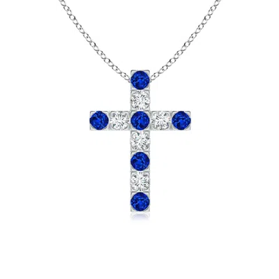 Angara Lab-grown Flat Prong-set Blue Sapphire And Diamond Cross Pendant In White Gold/deep Rich Blue