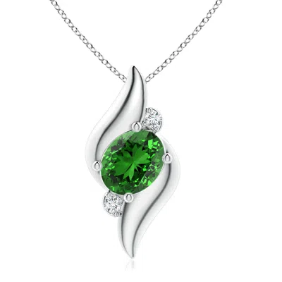 Angara Lab-grown Shell Style Oval Emerald And Lab Diamond Pendant In White Gold/rich Green