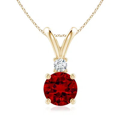 Angara Lab-grown Round Ruby Solitaire V-bale Pendant With Lab Diamond In Yellow Gold/deep Rich Red
