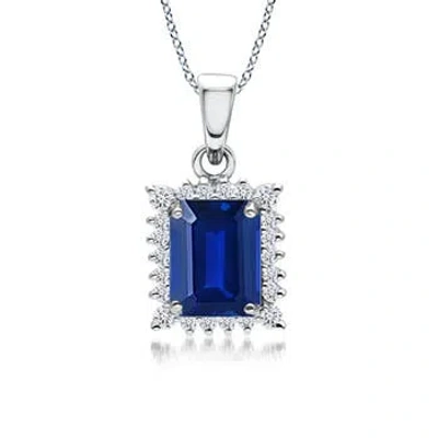 Angara Lab-grown Vintage Style Emerald-cut Sapphire Halo Pendant In White Gold/deep Rich Blue