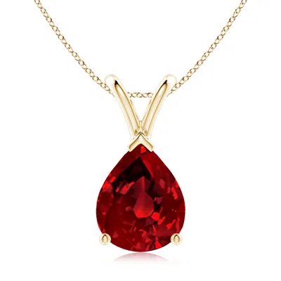 Angara Lab-grown V-bale Pear-shaped Ruby Solitaire Pendant In Yellow Gold/deep Rich Red