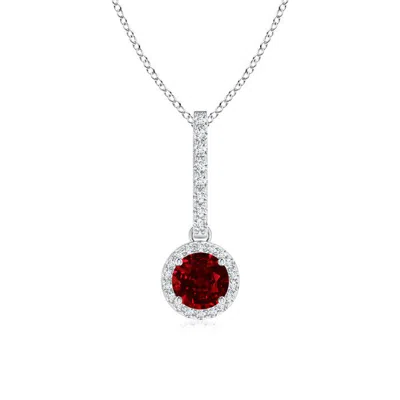 Angara Lab-grown Dangling Round Ruby And Diamond Halo Pendant In White Gold/deep Rich Red