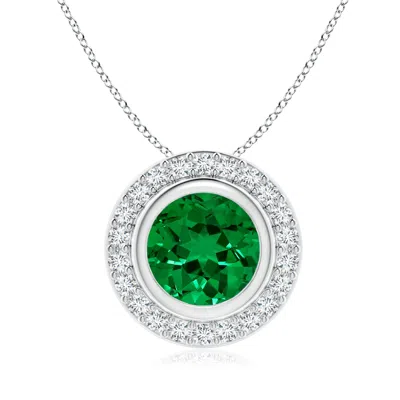 Angara Round Bezel-set Lab-grown Emerald Pendant With Diamond Halo In White Gold/rich Green
