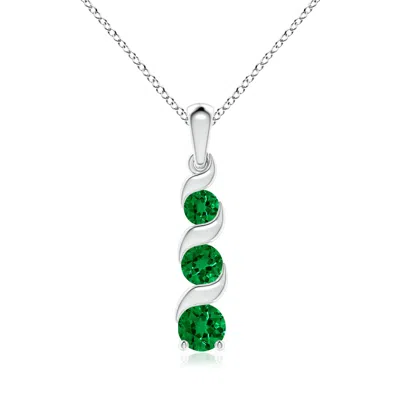 Angara Lab-grown Channel-set Round Emerald Three Stone Journey Pendant In White Gold/rich Green
