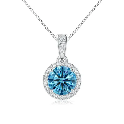 Angara Claw-set Round Lab-grown Fancy Intense Blue Diamond Pendant With Halo In White Gold/fancy Intense