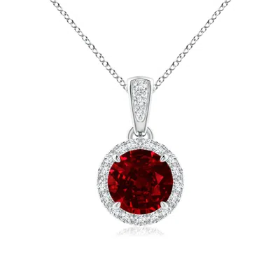Angara Lab-grown Claw-set Round Ruby Pendant With Diamond Halo In White Gold/deep Rich Red