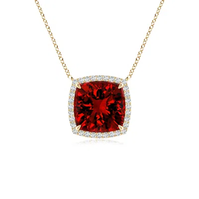 Angara Lab-grown Cushion Ruby Halo Pendant With Filigree In Yellow Gold/deep Rich Red
