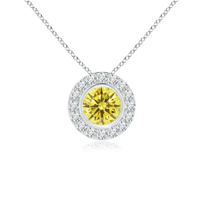 Angara Bezel-set Solitaire Round Lab-grown Fancy Intense Yellow Diamond Halo Pendant In White Gold/fancy Intense
