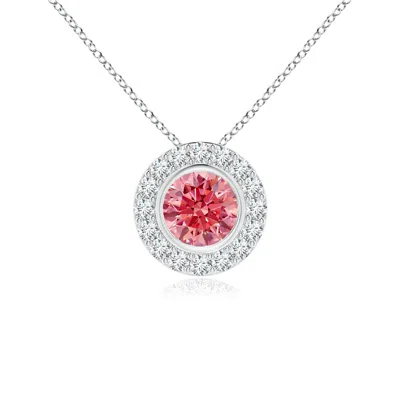 Angara Bezel-set Solitaire Round Lab-grown Fancy Intense Pink Diamond Halo Pendant In White Gold/fancy Intense