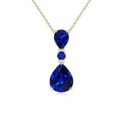 Angara Lab-grown Pear And Round Blue Sapphire Three Stone Pendant In Yellow Gold/deep Rich Blue