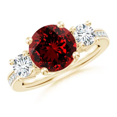 Angara Lab-grown Classic Three Stone Ruby And Lab Diamond Ring In Yellow Gold/deep Rich Red