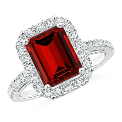 Angara Lab-grown Emerald-cut Ruby Halo Ring In White Gold/deep Rich Red