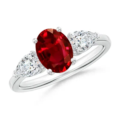 Angara Lab-grown Oval Ruby Three Stone Ring With Pear Diamonds In White Gold/deep Rich Red