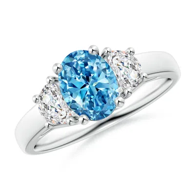 Angara Three Stone Oval Lab-grown Fancy Intense Blue And Half Moon White Diamond Ring In White Gold/fancy Intense