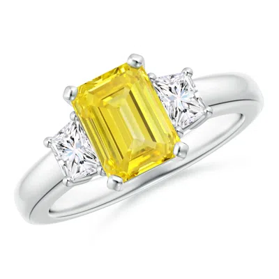 Angara Fancy Intense Yellow Emerald-cut And White Trapezoid Diamond Three Stone Ring In White Gold/fancy Intense