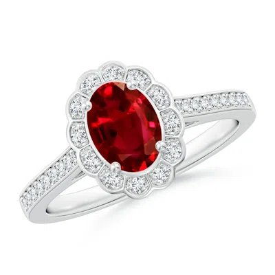 Angara Lab-grown Vintage Style Ruby & Diamond Scalloped Halo Ring In White Gold/deep Rich Red