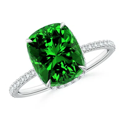 Angara Lab-grown Thin Shank Cushion Emerald Ring With Lab Diamond Accents In White Gold/rich Green