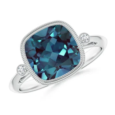 Angara Bezel Set Cushion Lab-grown Alexandrite Ring With Milgrain Detailing In White Gold/bluish Green Changing To Brownish Or Pinkish Purple