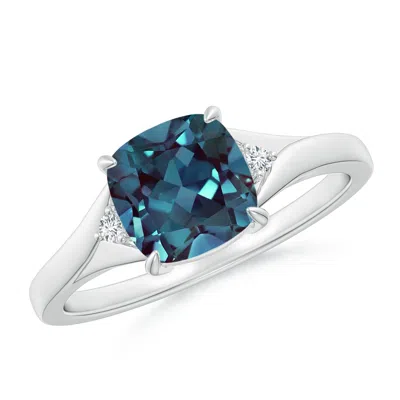 Angara Split Shank Cushion Lab-grown Alexandrite Solitaire Ring In White Gold/bluish Green Changing To Brownish Or Pinkish Purple