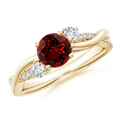 Angara Lab-grown Nature Inspired Ruby & Lab Diamond Twisted Vine Ring In Yellow Gold/deep Rich Red