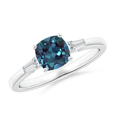 Angara Cushion Lab-grown Alexandrite Ring With Bar-set Tapered Baguette Diamonds In White Gold/bluish Green Changing To Brownish Or Pinkish Purple
