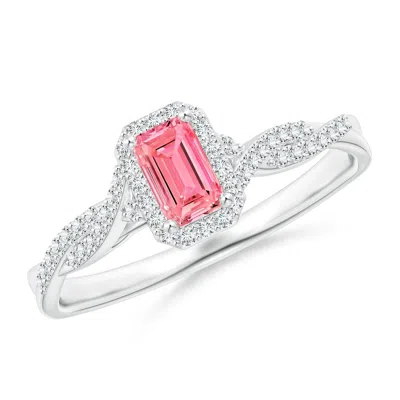 Angara Emerald-cut Lab-grown Fancy Intense Pink Diamond Halo Twisted Shank Engagement Ring In Metallic