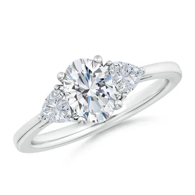 Angara Lab-grown Oval And Trillion Diamond Three Stone Reverse Tapered Shank Engagement Ring In White Gold/f-g