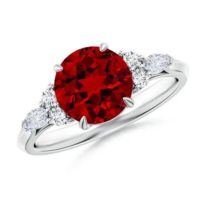 Angara Lab-grown Round Ruby Side Stone Engagement Ring With Diamonds In White Gold/deep Rich Red