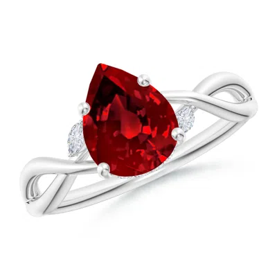 Angara Lab-grown Nature-inspired Pear Ruby Hidden Halo Engagement Ring In White Gold/deep Rich Red