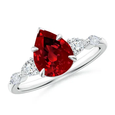 Angara Lab-grown Pear-shaped Ruby Side Stone Engagement Ring In White Gold/deep Rich Red