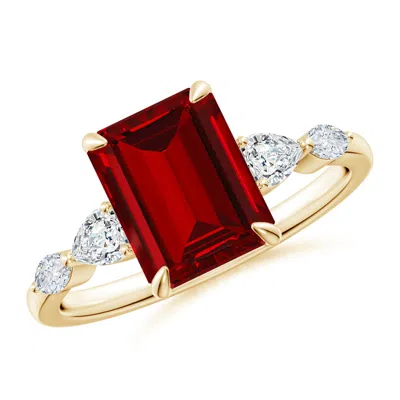 Angara Lab-grown Emerald-cut Ruby Side Stone Engagement Ring In Yellow Gold/deep Rich Red