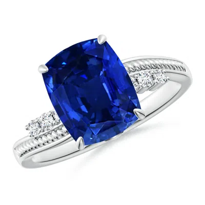 Angara Lab-grown Vintage Style Cushion Rectangular Blue Sapphire Bypass Shank Engagement Ring In White Gold/deep Rich Blue