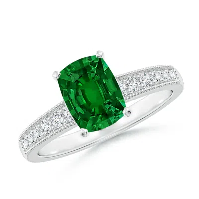 Angara Lab-grown Vintage Style Cushion Rectangular Emerald Engagement Ring With Accents In White Gold/rich Green