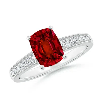 Angara Lab-grown Vintage Style Cushion Rectangular Ruby Engagement Ring With Accents In White Gold/deep Rich Red