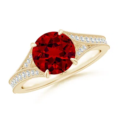 Angara Lab-grown Vintage Inspired Round Ruby Split Shank Engagement Ring In Yellow Gold/deep Rich Red