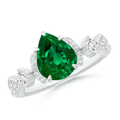 Angara Lab-grown Vintage Style Pear Emerald Engagement Ring With Leaf Motifs In White Gold/rich Green