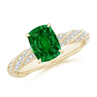 Angara Cushion Rectangular Lab-grown Emerald Twisted Rope Shank Engagement Ring In Yellow Gold/rich Green